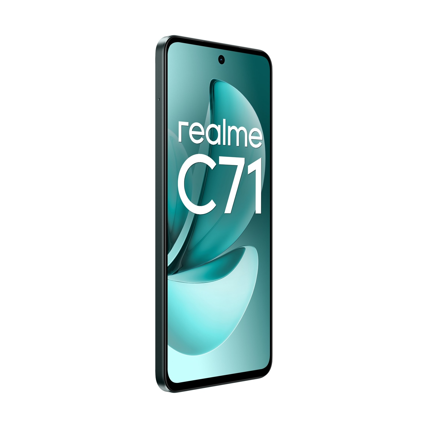 Uno smartphone con cornice verde e schermo con le parole 'realme C71'. Lo sfondo è bianco.