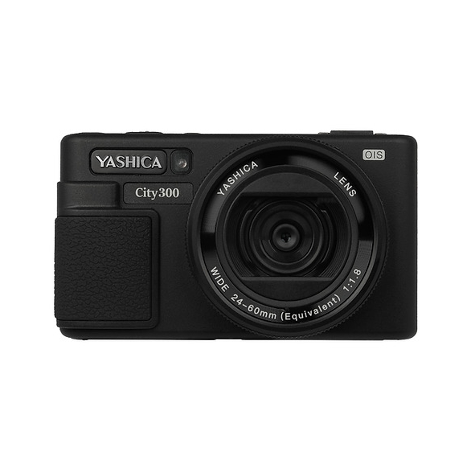 Una fotocamera Yashica City 300 nera. Ha un obiettivo e vari pulsanti. Sull'obiettivo si legge 'Yashica' e 'Lens'.