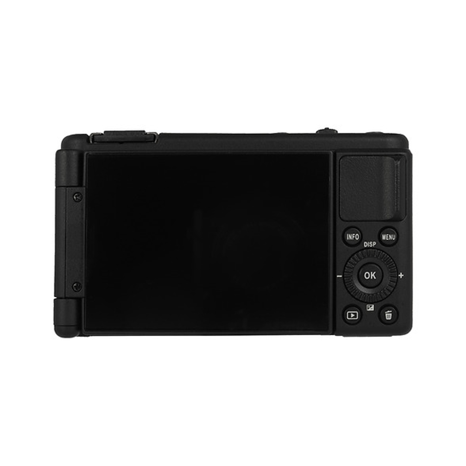 Vista posteriore di una fotocamera digitale nera. Ha uno schermo, pulsanti per info, menu e OK. Anche pulsanti per zoom e impostazioni.