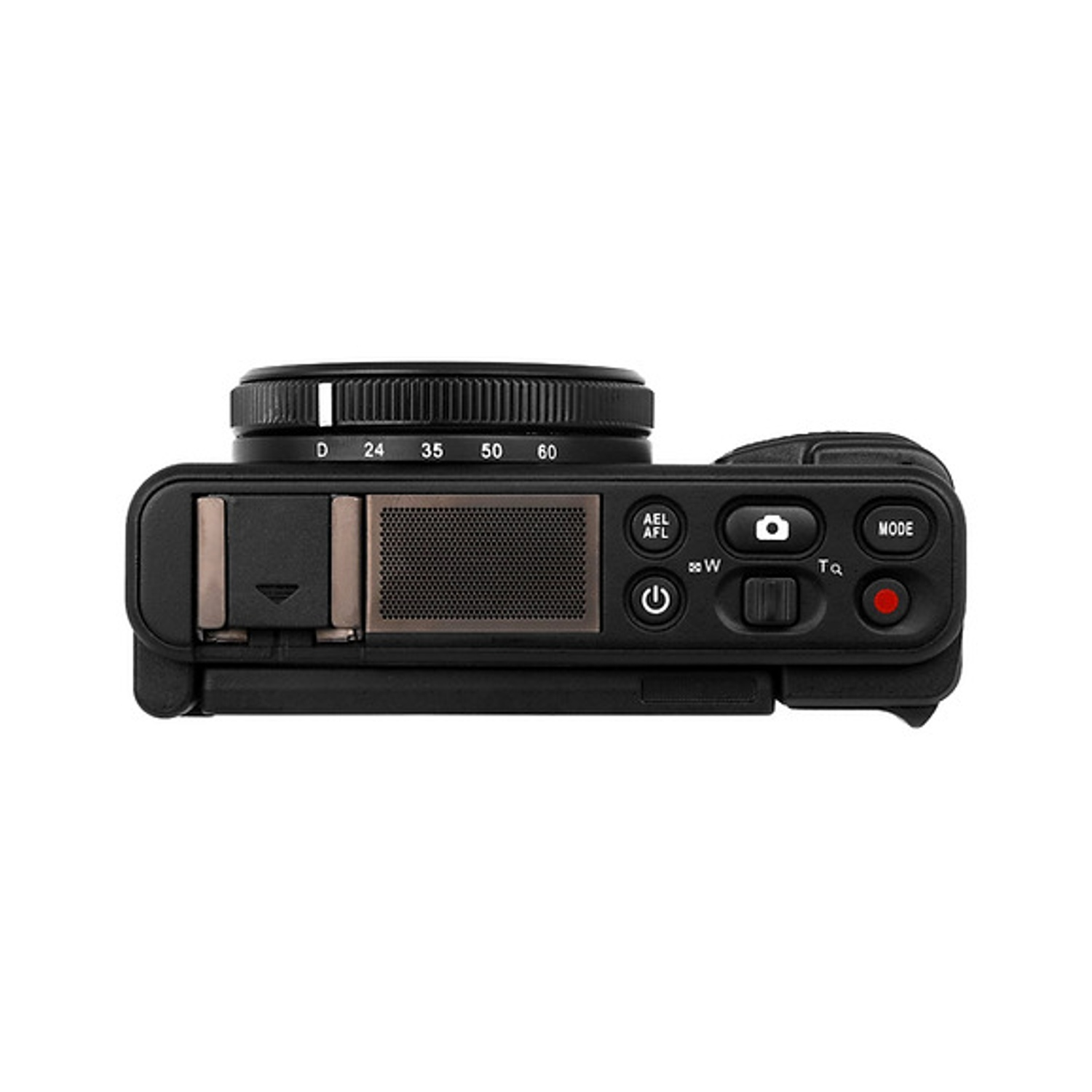 Fotocamera nera, vista dall'alto, con obiettivo, quadranti, pulsanti e un piccolo schermo. La fotocamera è su sfondo bianco.