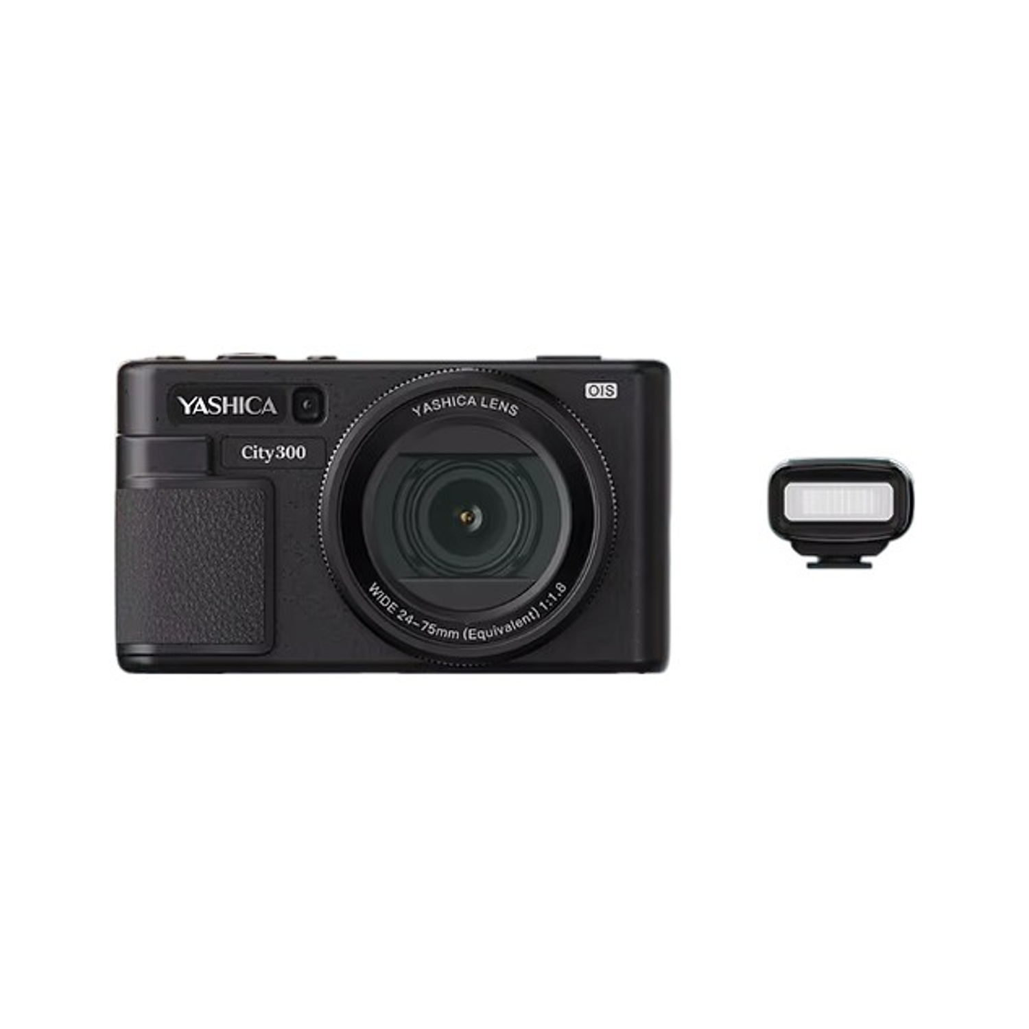 Una fotocamera Yashica City300 nera con un accessorio flash su sfondo bianco. L'obiettivo della fotocamera è centrato.