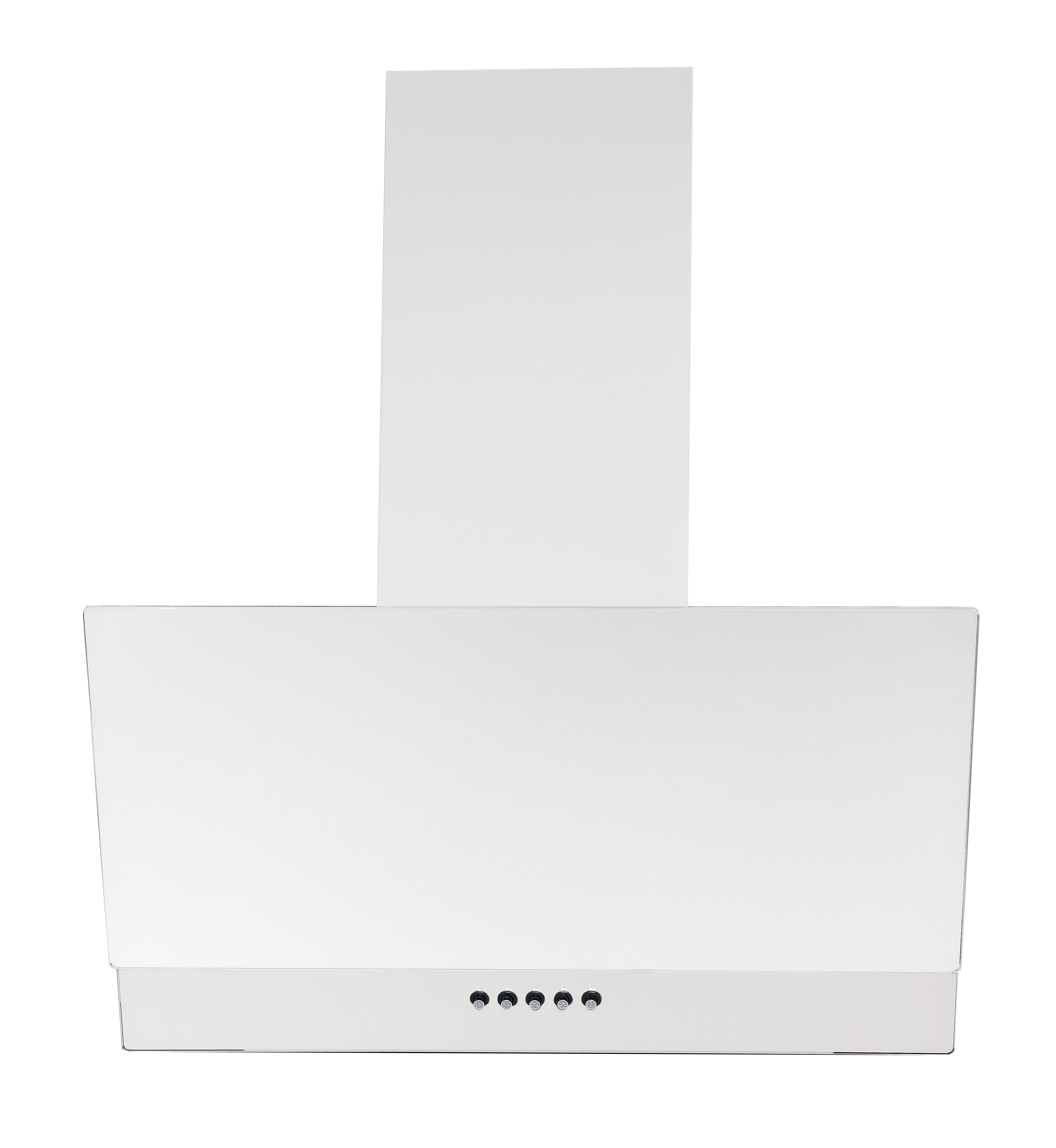 Biały okap kuchenny, prostokątny kształt z pionowym kominem. Pięć przycisków sterowania widocznych na dole.