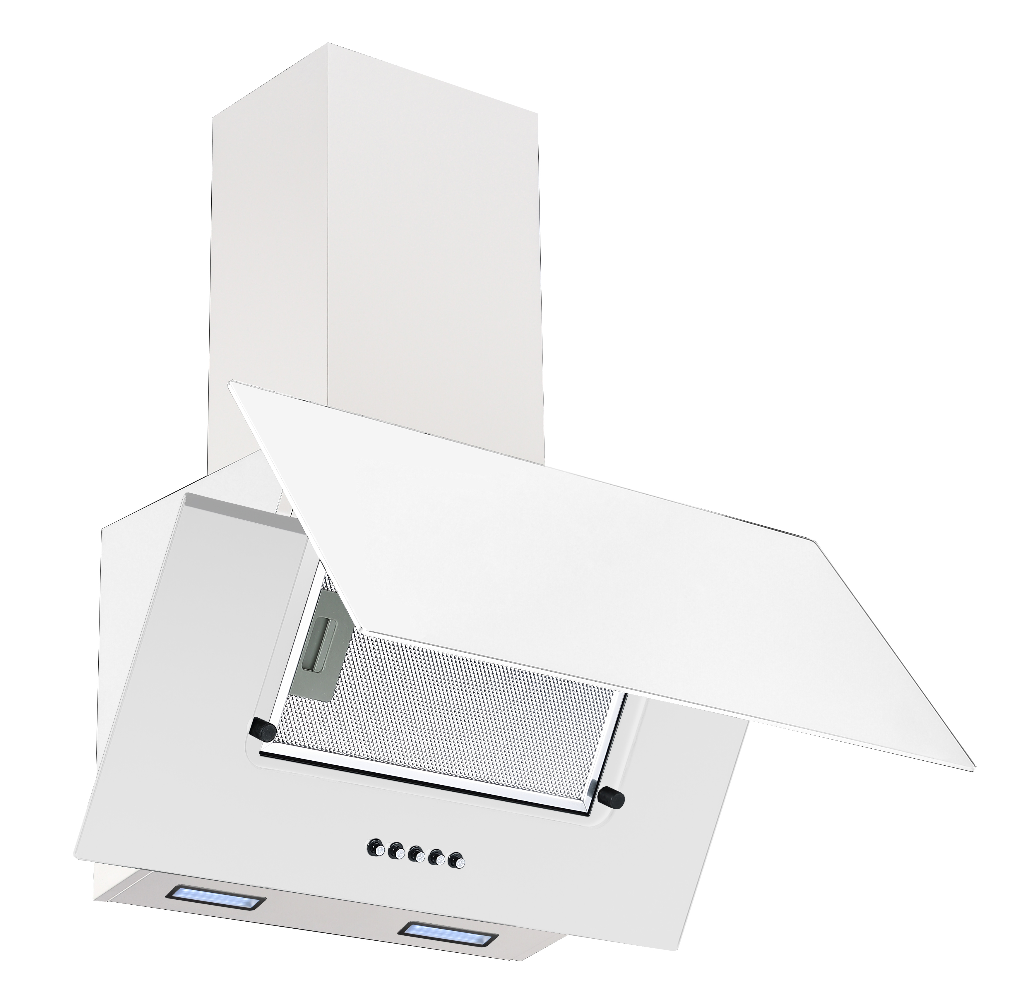 Biały okap kuchenny z szklanym panelem. Ma przyciski i metalową siatkę. Tło jest białe.