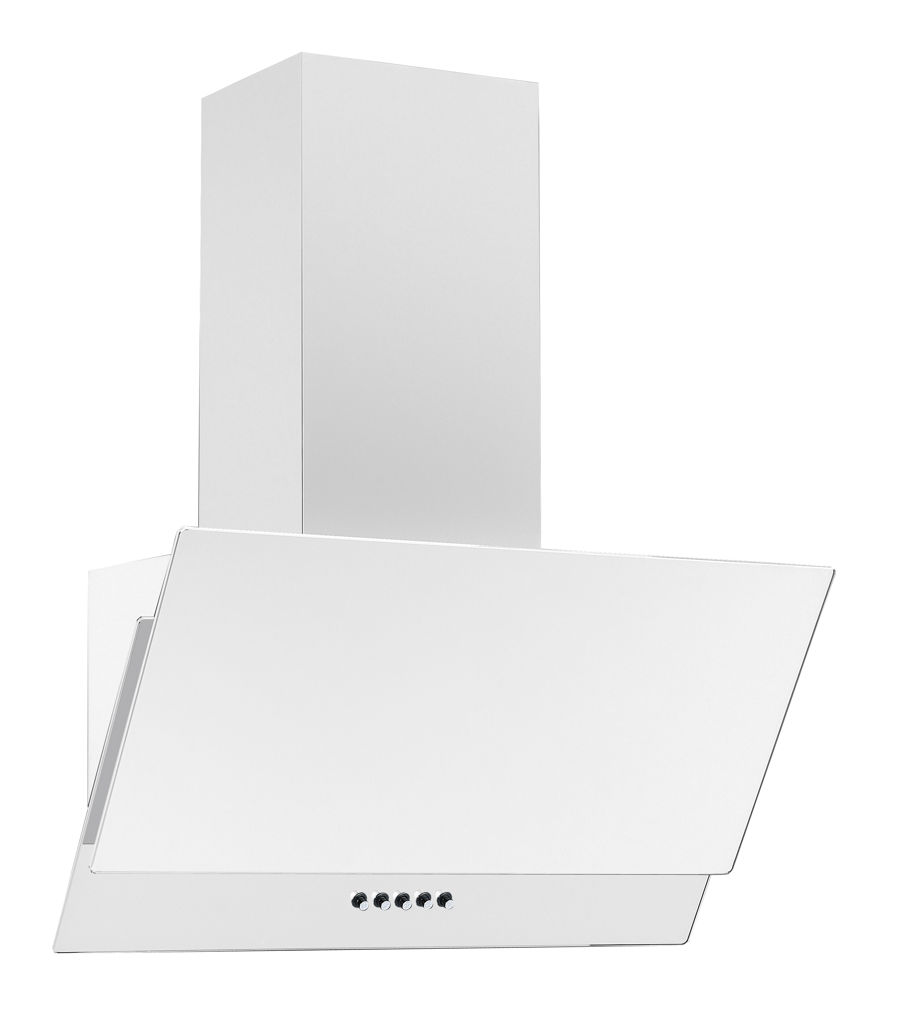 Biały okap kuchenny z prostokątnym kominem i skośnym szklanym panelem, na białym tle.