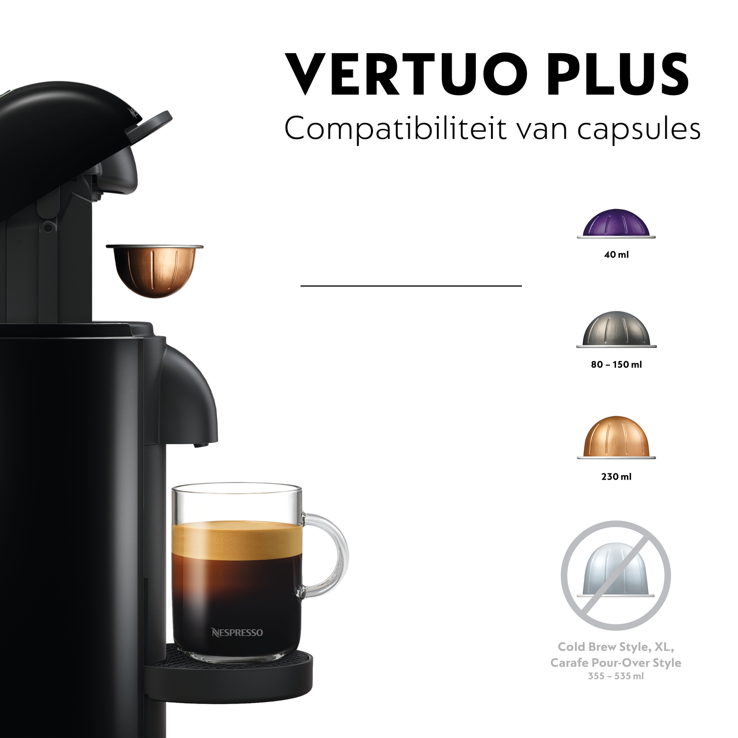 A black Nespresso Vertuo Plus machine with a coffee cup and coffee capsules with size indications.