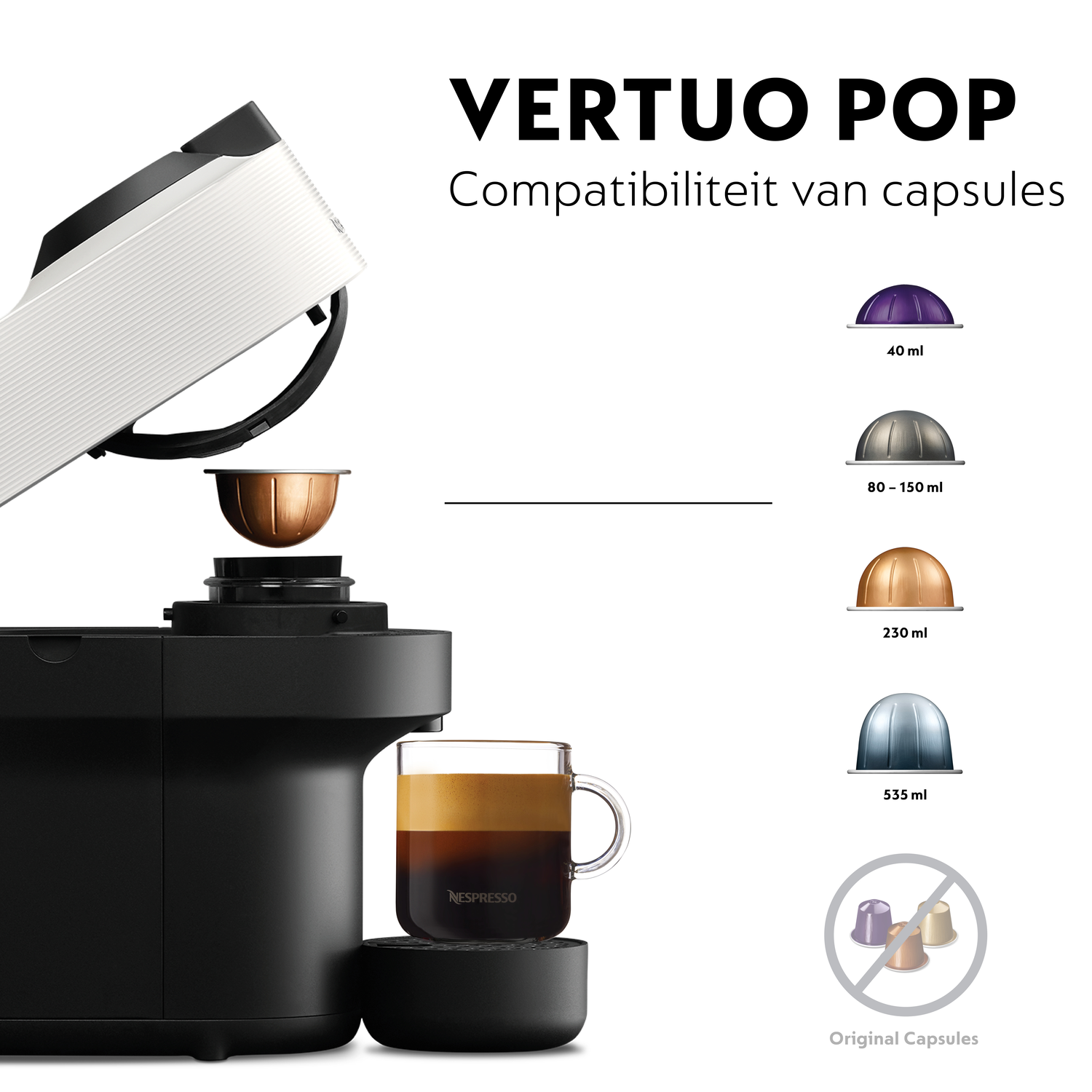 Een Nespresso Vertuo Pop machine met een koffiekopje. Capsules van verschillende maten worden getoond met ml-metingen.