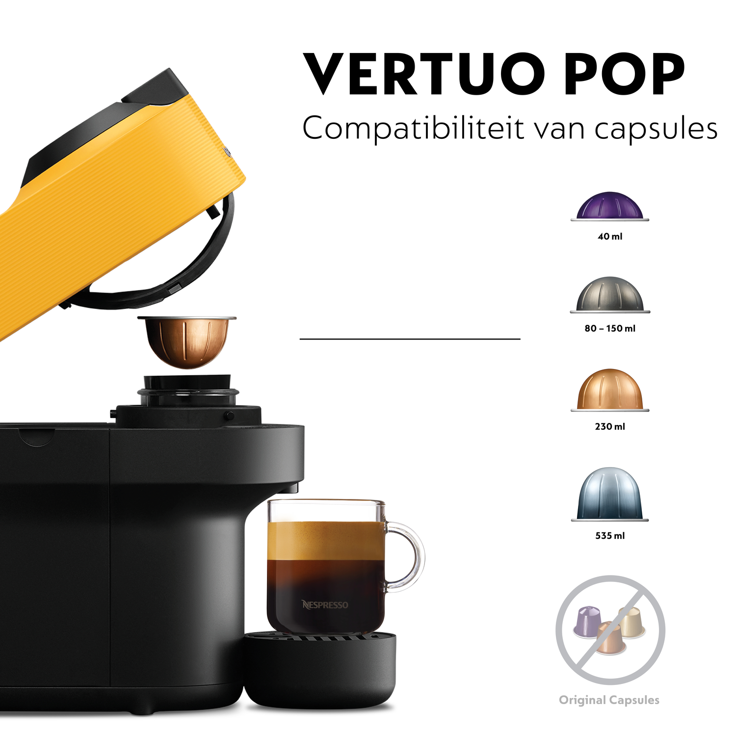 A black and yellow Nespresso Vertuo Pop machine with a cup of coffee. Capsule sizes and compatibility are shown.