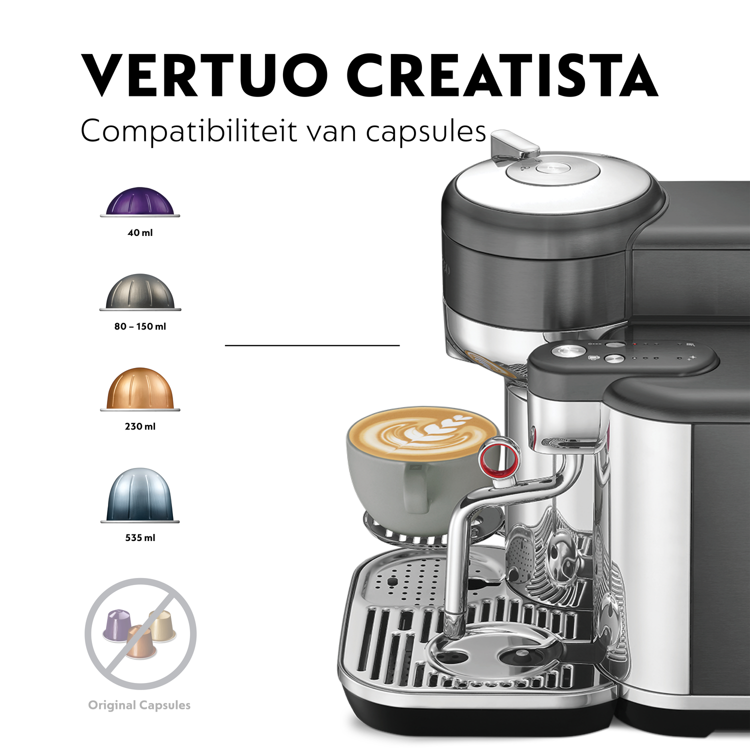 A Nespresso Vertuo Creatista machine is shown, with compatible capsules. A cup of coffee with latte art is on the right.