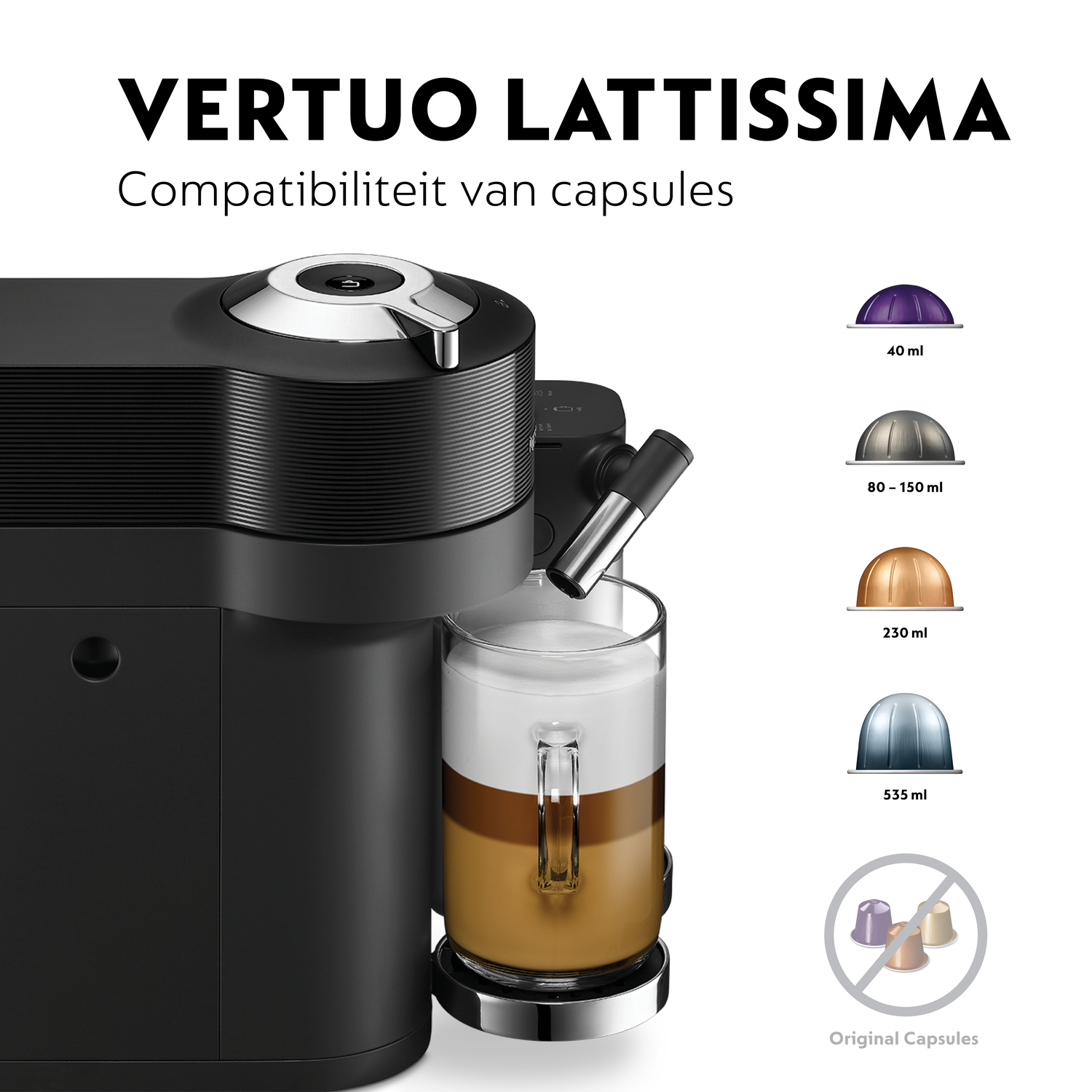 A black coffee machine with a glass of layered coffee and milk. Various coffee capsules are displayed with their ml.