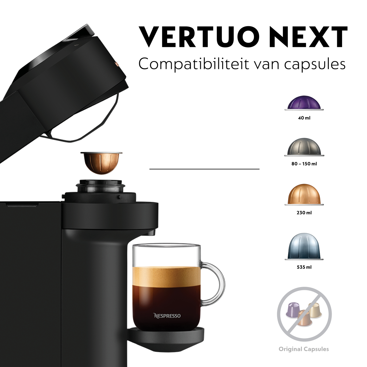 A black Vertuo Next coffee machine with a coffee capsule above it, a coffee cup and capsules on the right.