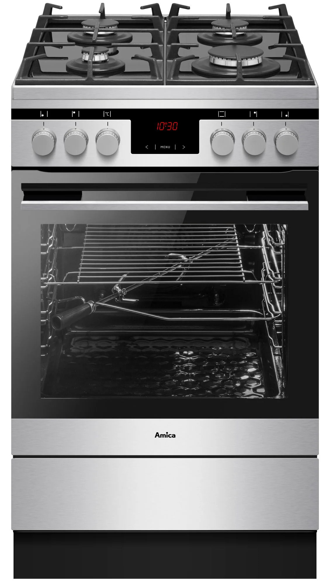 Srebrny piekarnik Amica z czarnymi szklanymi drzwiami. Posiada płytę grzewczą z czterema palnikami i cyfrowy zegar wyświetlający godzinę 10:30.