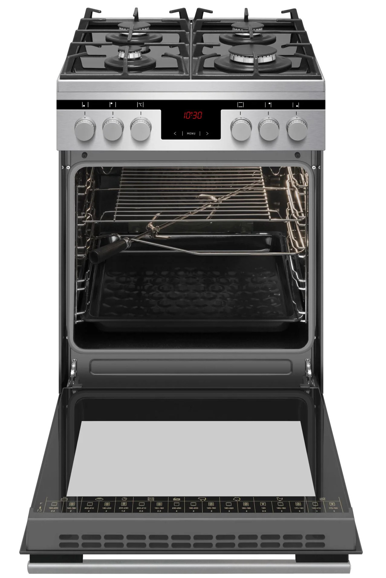 Piekarnik ze stali nierdzewnej z otwartymi drzwiami, pokazujący ruszt i tacę. Powyżej płyta grzejna z palnikami i kontrolkami.