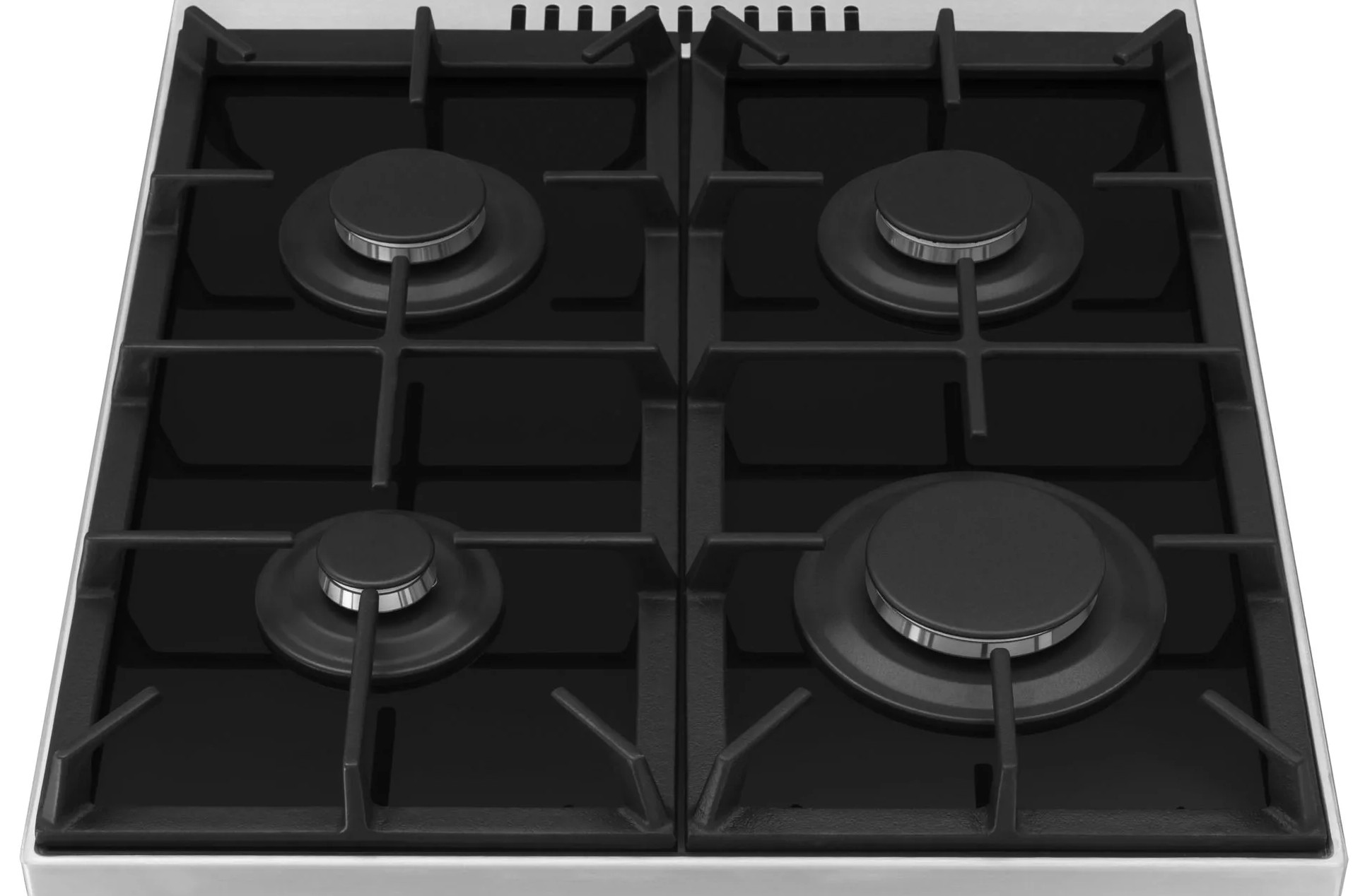 Płyta gazowa z czterema palnikami. Palniki są czarne, osadzone na czarnej powierzchni i otoczone srebrnym metalem.
