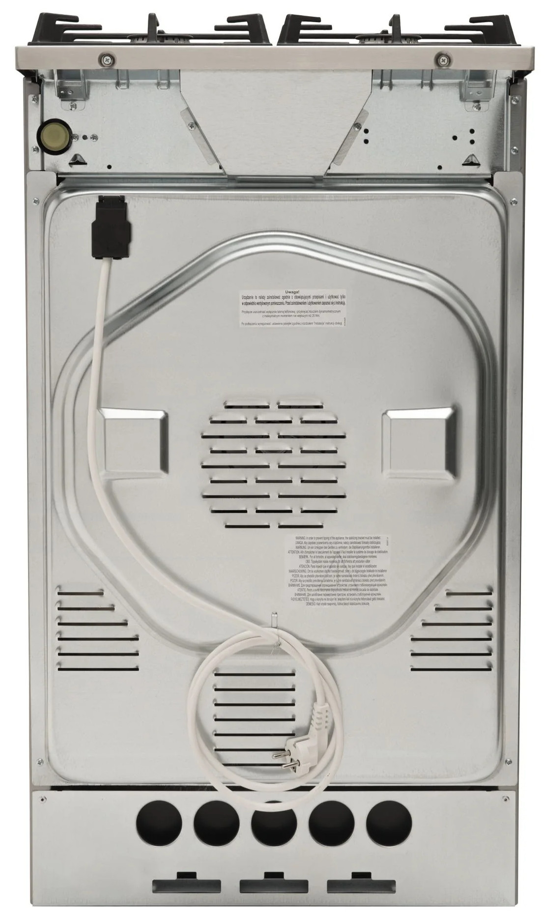 Tył srebrnej kuchenki gazowej. Ma metalową obudowę z otworami wentylacyjnymi, przewód zasilający i etykiety.
