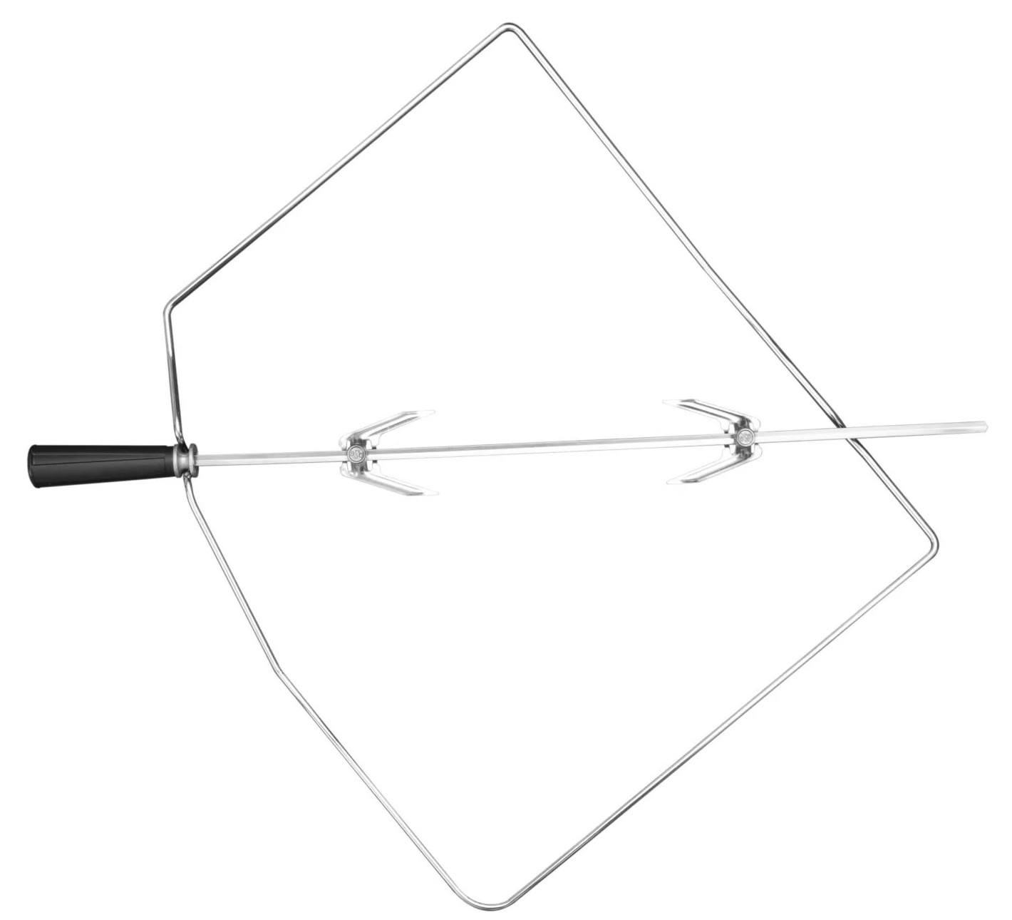 Rożen ze stali nierdzewnej z czarnym uchwytem. Rama jest kwadratowa z centralnym prętem na widelce do mięsa.