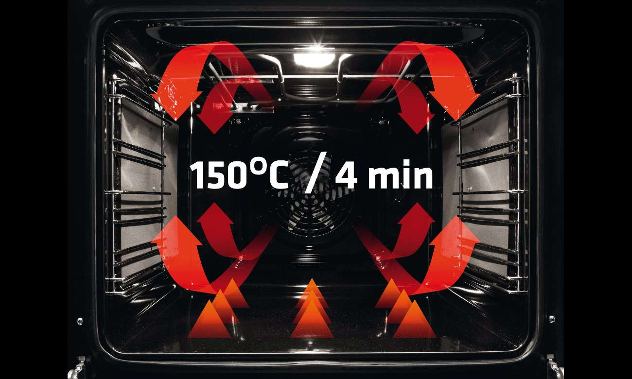 Wewnątrz piekarnika: czerwone strzałki pokazują cyrkulację powietrza. 150°C/4 min. Pomarańczowe trójkąty na dole, ciepło. Wnętrze piekarnika widoczne.