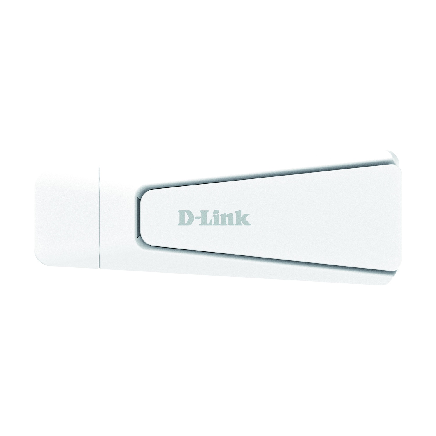 Un adattatore Wi-Fi D-Link bianco. È rettangolare con la parte superiore inclinata e il logo D-Link al centro.