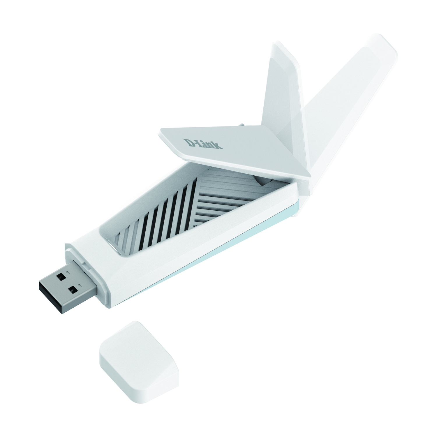 Adattatore Wi-Fi USB D-Link bianco con antenne aperte e coperchio staccato, su sfondo bianco.