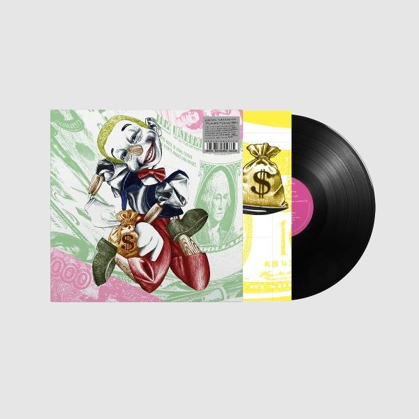 Schallplatte mit einer Zeichentrickfigur, die Geldsäcke hält. Das Cover hat ein Dollar-Bill-Thema mit einer schwarzen Schallplatte.