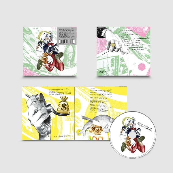 Kunstwerk mit einem Clown, der Geldsäcke hält, andere Bilder und eine CD. Hintergründe zeigen Dollarnoten. Text ist enthalten.
