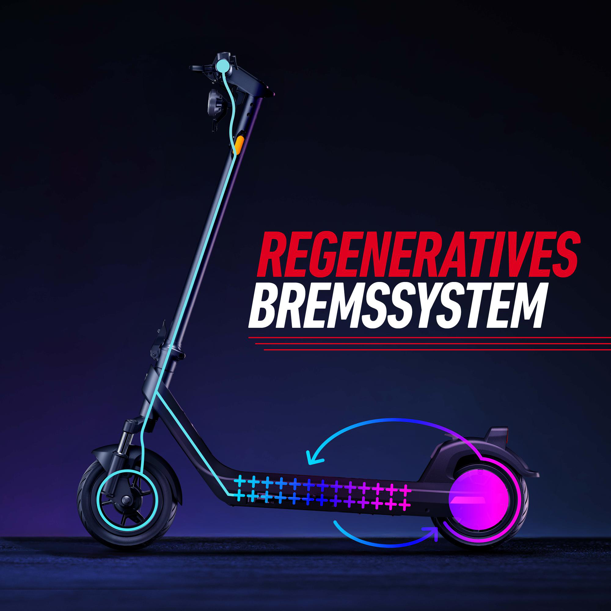 Elektroroller mit beleuchteten Linien, Pfeilen und dem Text 'REGENERATIVES BREMSSYSTEM' auf dunklem Hintergrund.