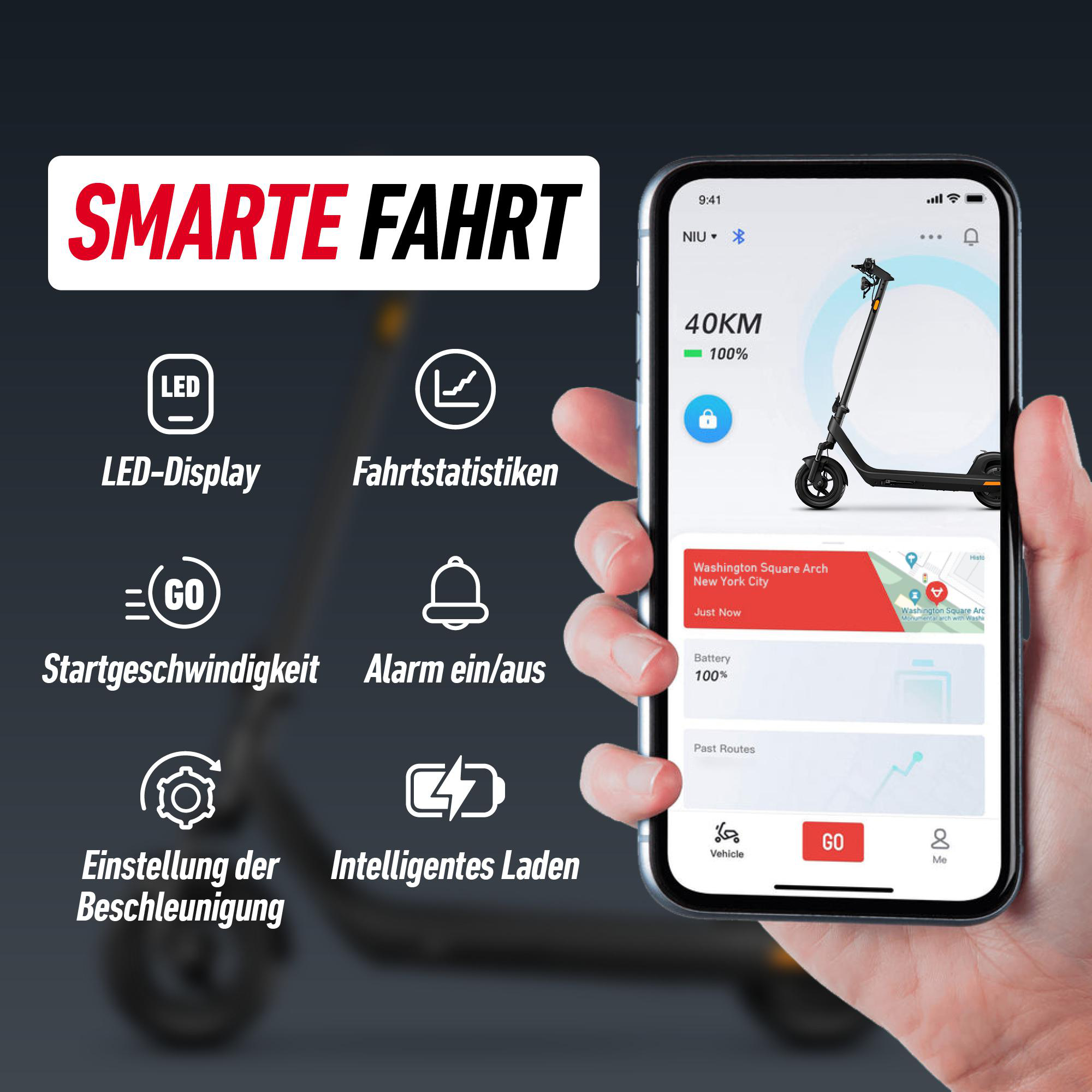 Das Bild zeigt einen E-Scooter mit Smartphone-App. App zeigt Geschwindigkeit, Akku und Standort an. Funktionen sind LED-Display und Statistiken.