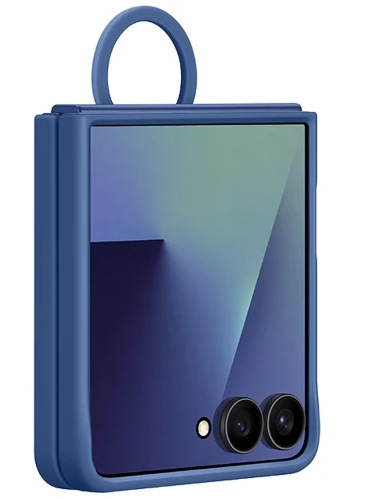 Niebieski smartfon, zamknięty i złożony. Ma uchwyt w kształcie pierścienia na górze. Ekran odbija zielone i niebieskie światło. Ma dwa aparaty.