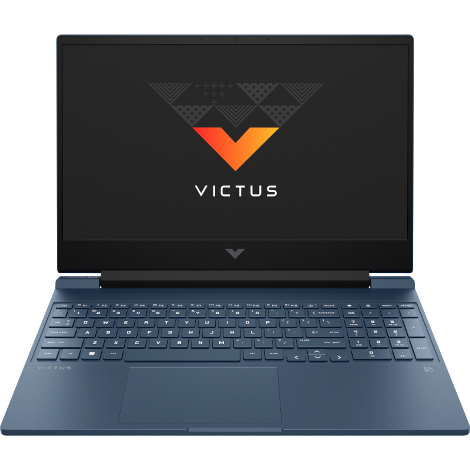 Se muestra una laptop Victus azul. La pantalla muestra un logo y el teclado es visible debajo. El fondo es blanco liso.