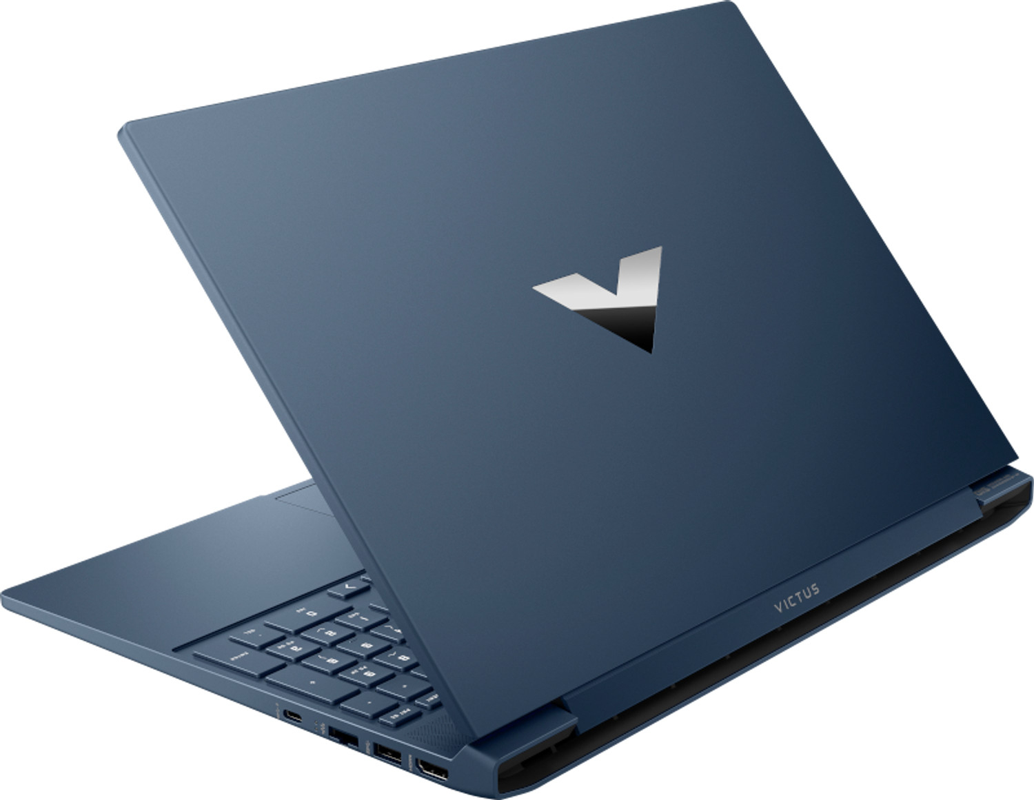 Un portátil azul está ligeramente abierto. La parte trasera muestra un logotipo V plateado. El teclado es visible.