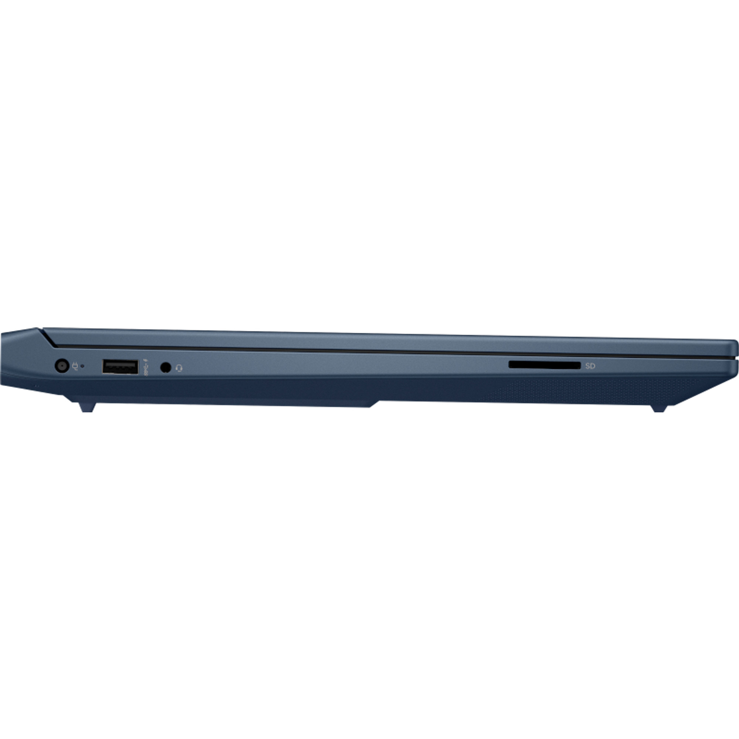 Vista lateral de un portátil azul oscuro. Los puertos visibles incluyen USB, conector de audio, ranura para tarjeta SD y botón de encendido.