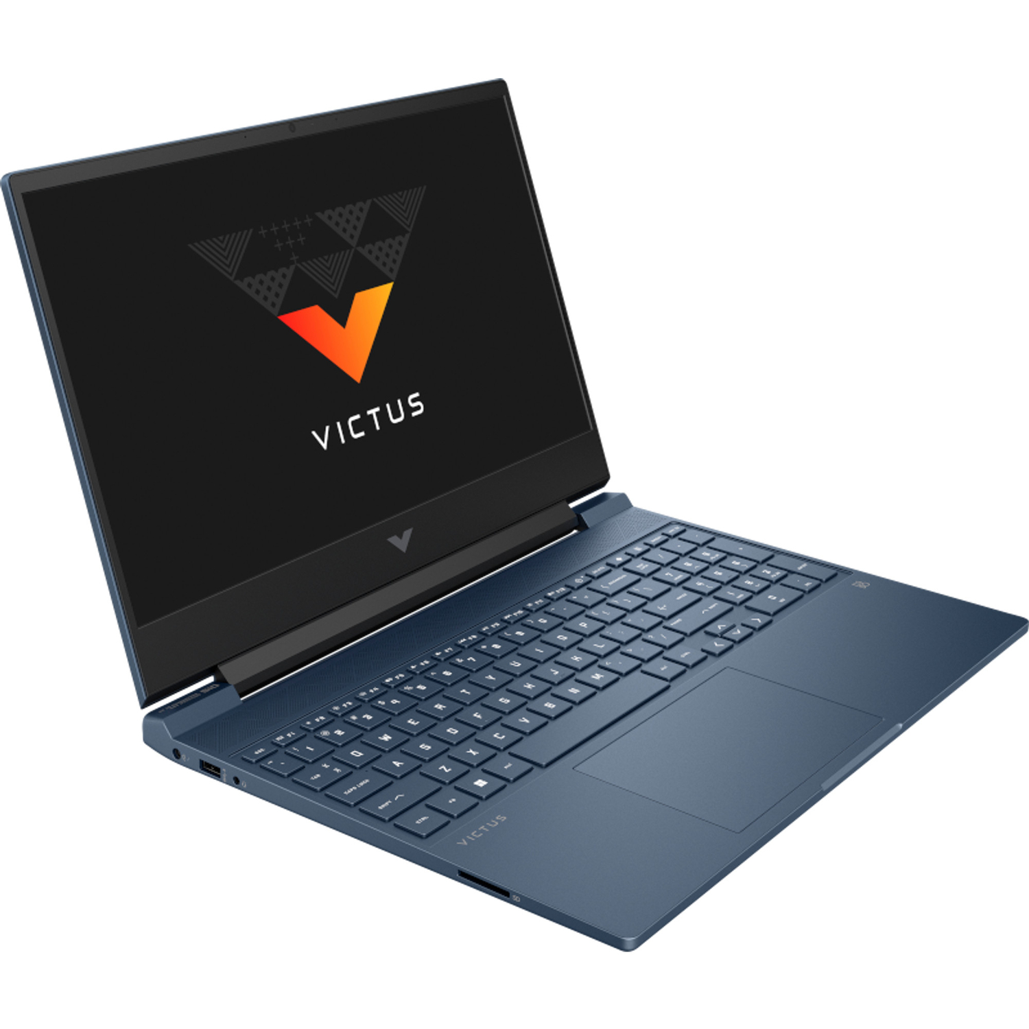 Portátil azul abierto, pantalla con logo VICTUS. Teclado, panel táctil y cuerpo del portátil son azules.