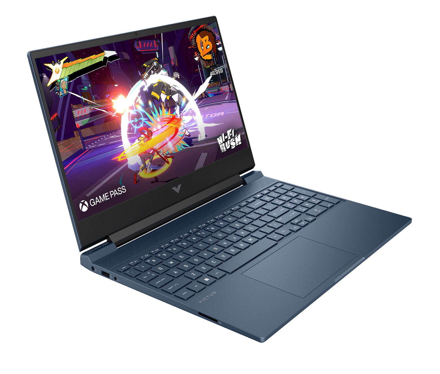 Un portátil azul muestra una escena de videojuego vibrante. La pantalla muestra acción con personajes, una puntuación y el logo de Xbox Game Pass.