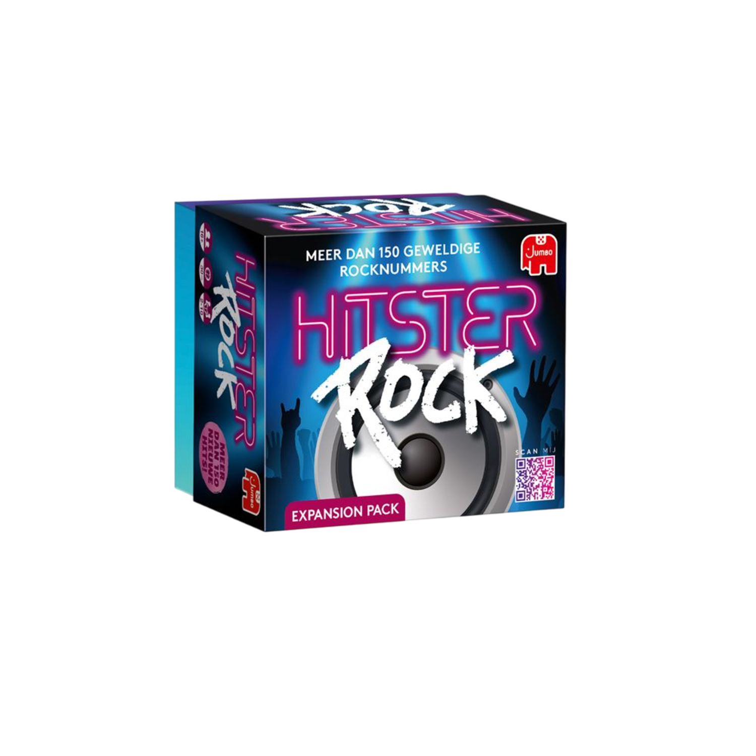 Doos met 'Hitster Rock'-titel, luidsprekergrafiek en 'Expansion Pack'-tekst. Bevat 'Jumbo'-logo en QR-code.