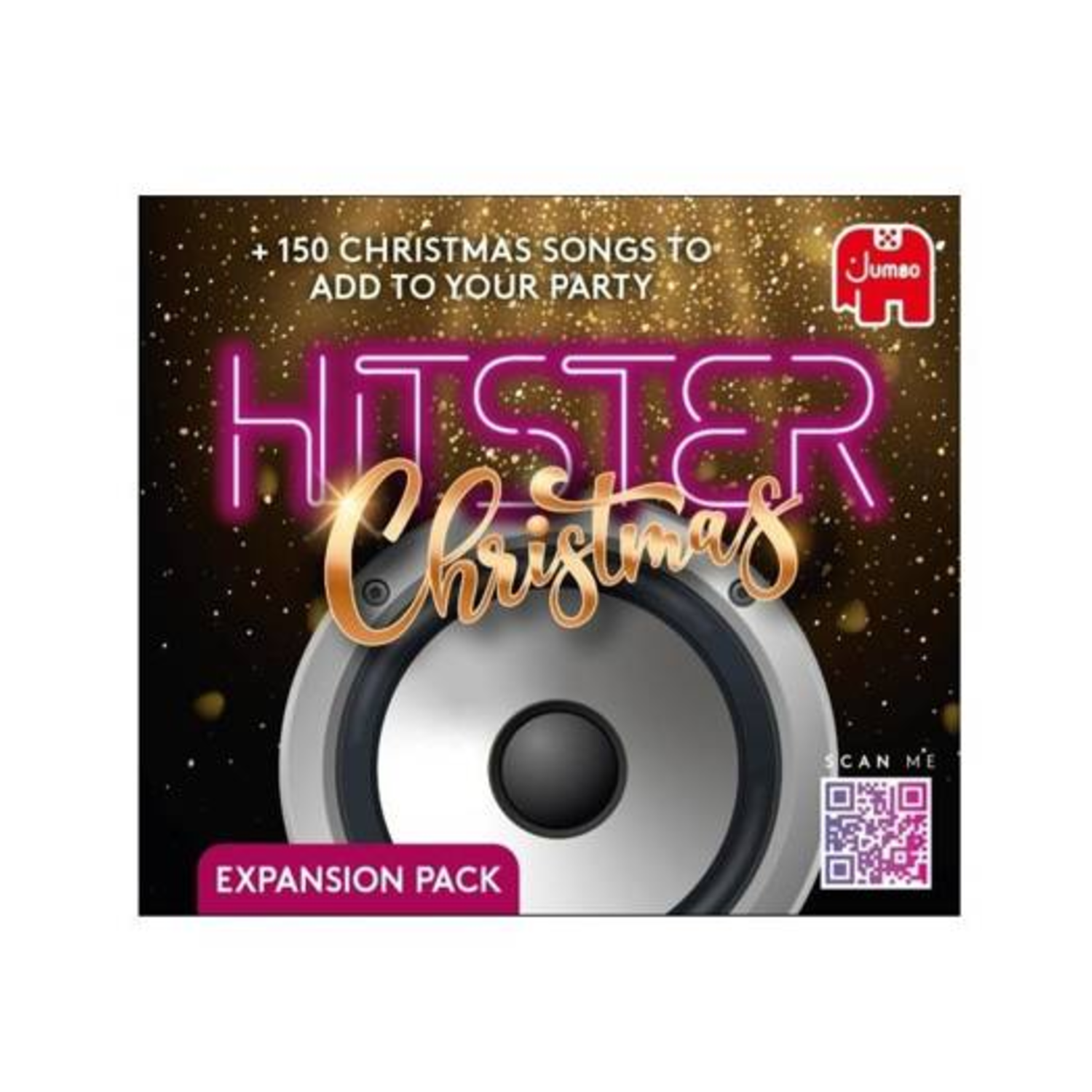 Poster met 'Hister Christmas' tekst, luidspreker afbeelding en 'Expansion Pack' label. Bevat een QR-code en het Jumso logo.