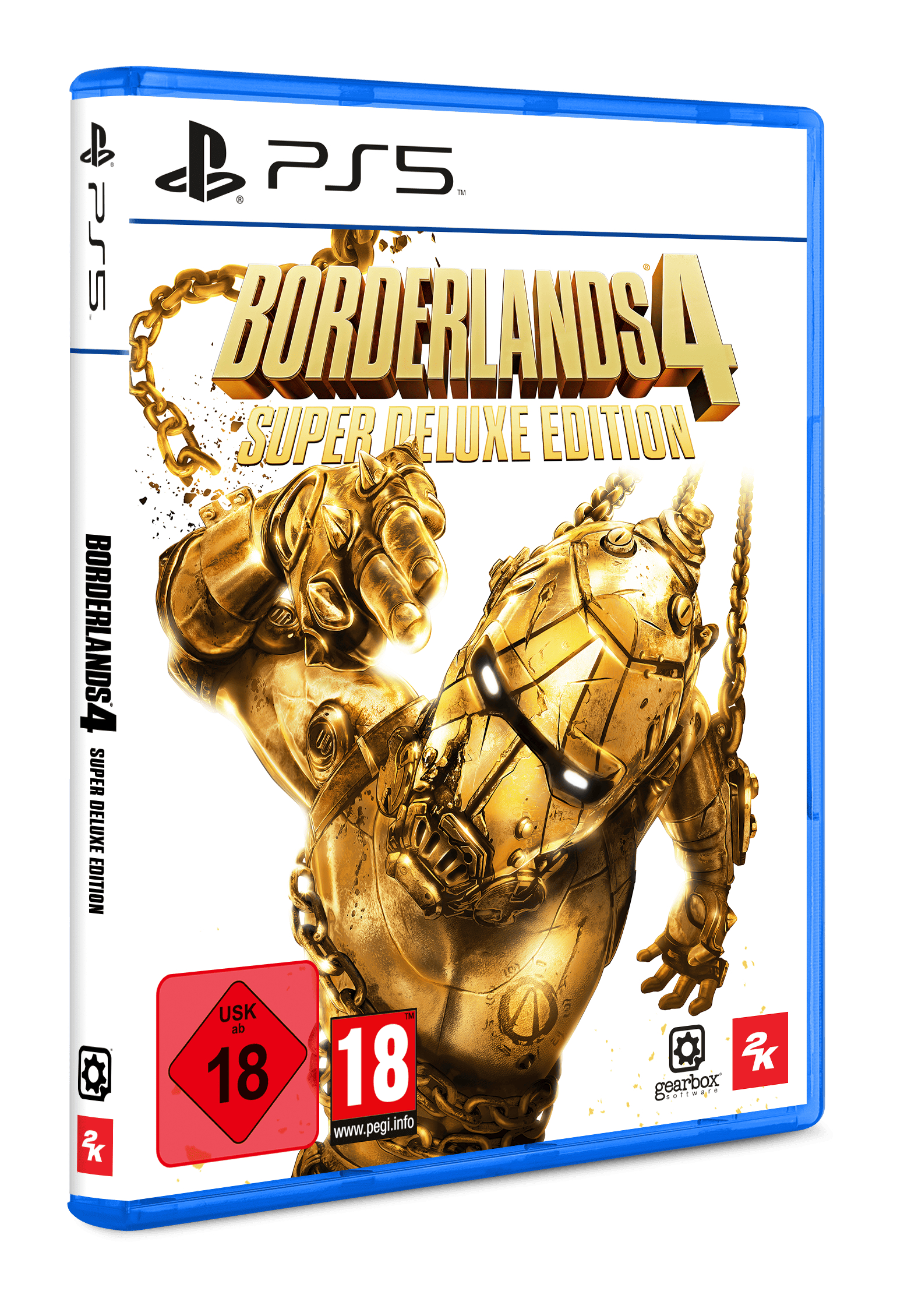 Borderlands 4 Super Deluxe Edition PS5-Spielcover. Goldene Charaktere mit Ketten. Bewertung 18 und PS5-Logo vorhanden.