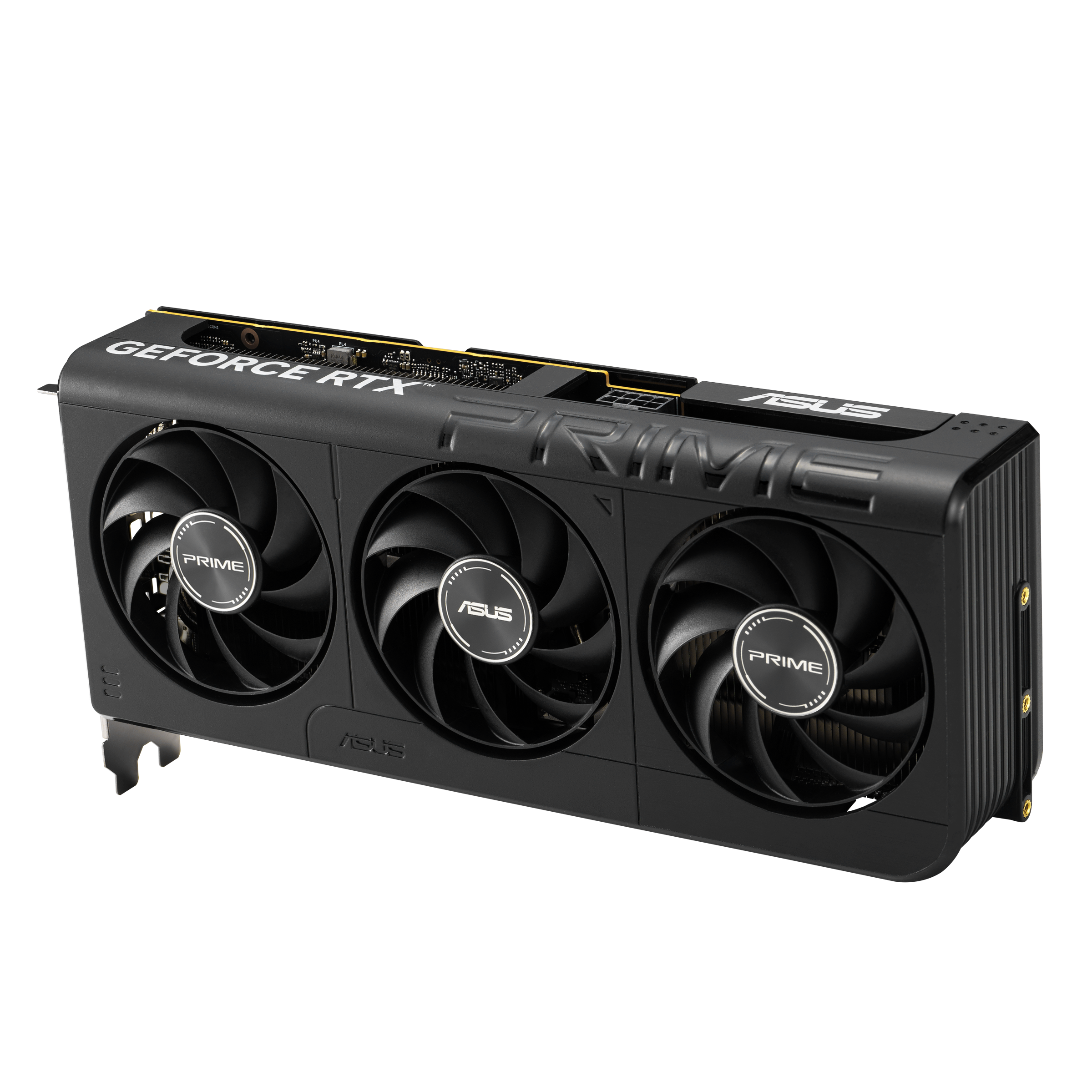 Eine schwarze ASUS GeForce RTX Grafikkarte mit drei Lüftern. Die Karte befindet sich auf weißem Hintergrund. Das Wort PRIME ist sichtbar.