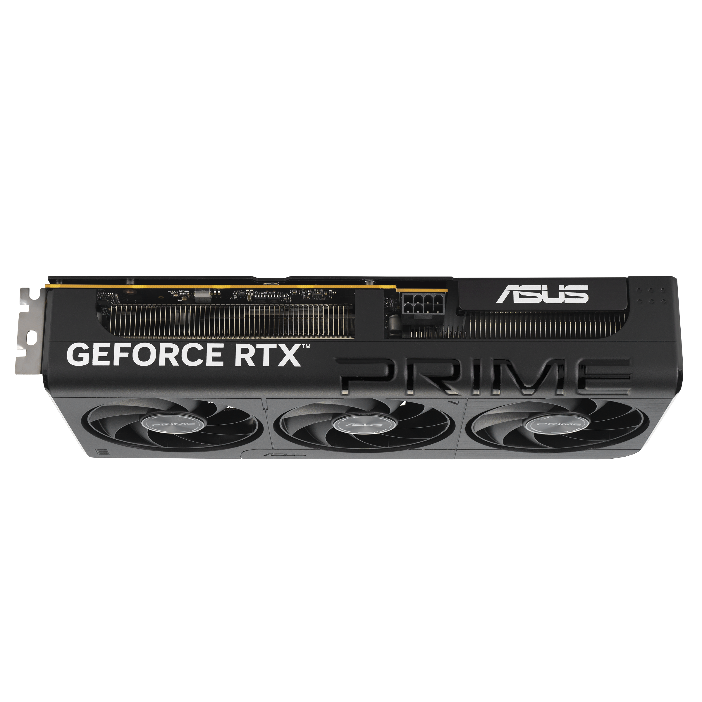Eine schwarze ASUS GeForce RTX Prime Grafikkarte mit drei Lüftern und dem Text "GEFORCE RTX PRIME".