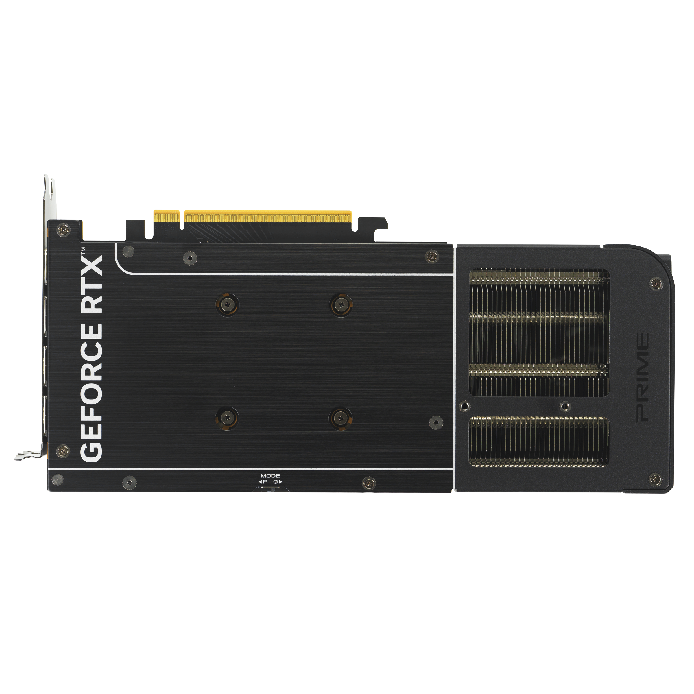 Eine schwarze GeForce RTX-Grafikkarte auf weißem Hintergrund. Sie hat einen Metallkühlkörper und das Wort PRIME.