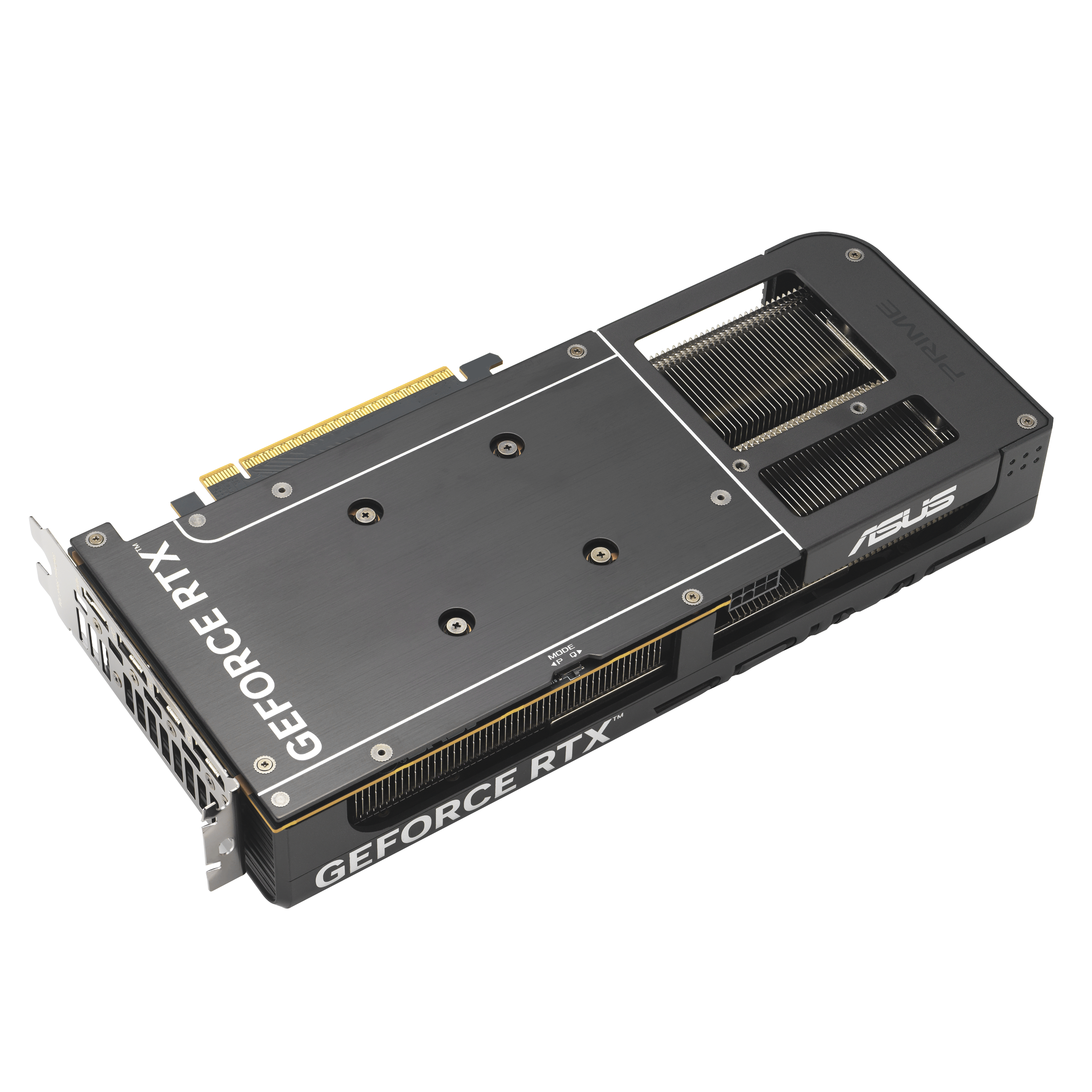 Eine schwarze Grafikkarte auf weißem Hintergrund. Sie trägt den Markennamen GEFORCE RTX und ASUS. Die Karte hat einen Lüfter und einen Kühlkörper.