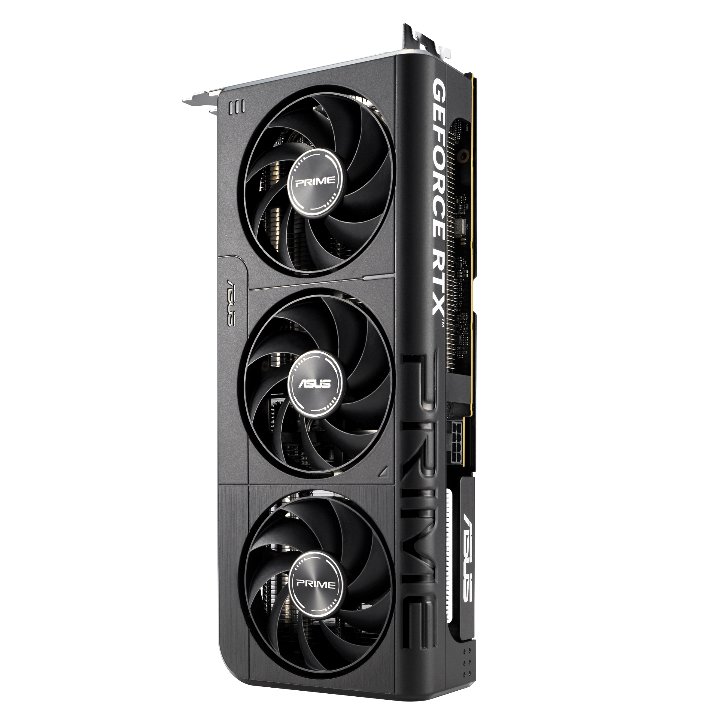 Eine schwarze und graue ASUS GeForce RTX-Grafikkarte mit drei Lüftern und den Wörtern PRIME und GEFORCE RTX.