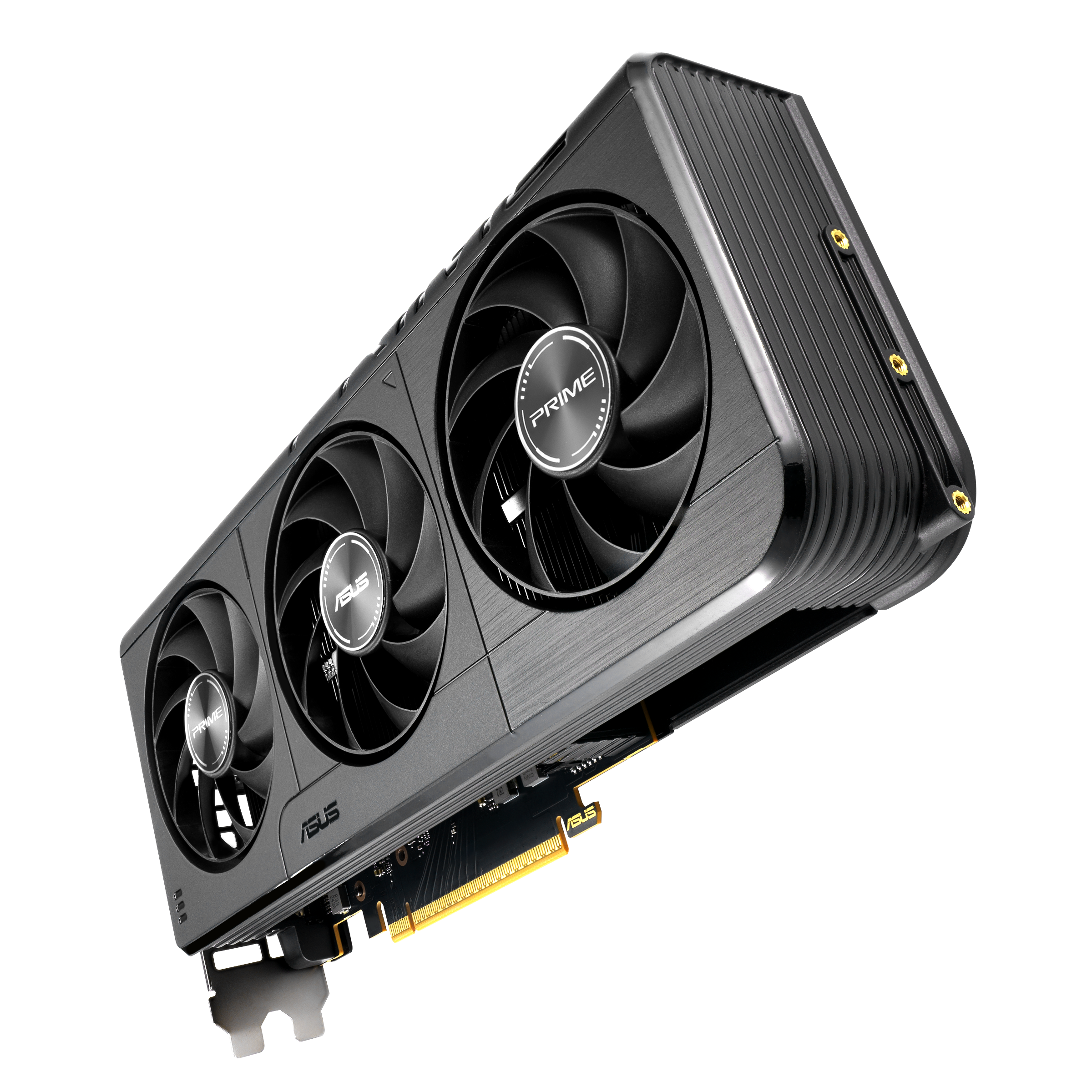 Eine schwarze ASUS Prime Grafikkarte mit drei Lüftern auf weißem Hintergrund.