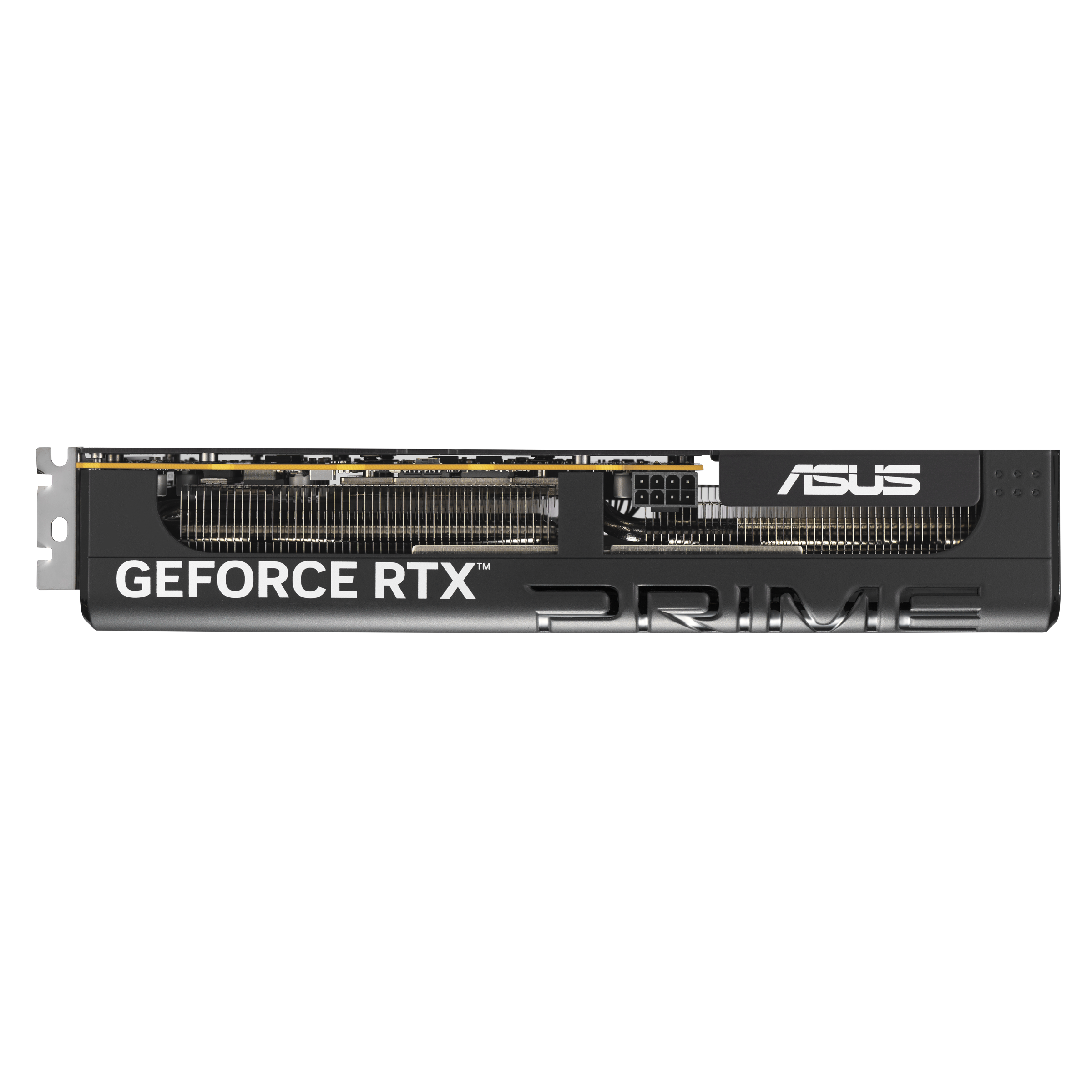 Eine schwarze ASUS GeForce RTX PRIME Grafikkarte. Die Karte hat silberne Lamellen und weißen Text. Der Hintergrund ist weiß.