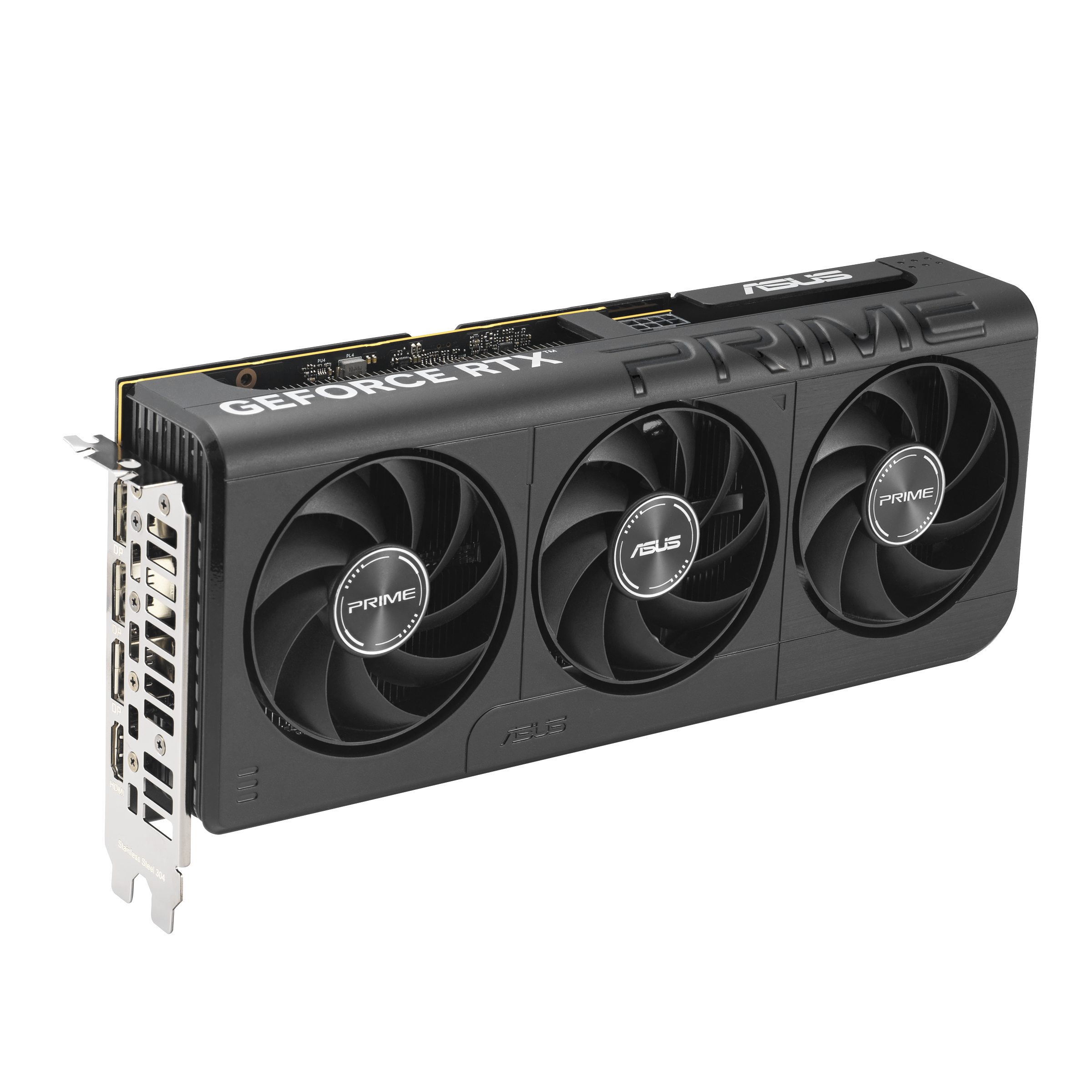 Schwarze ASUS GeForce RTX Grafikkarte mit drei Lüftern auf weißem Hintergrund. PRIME ist auf den Lüftern geschrieben.