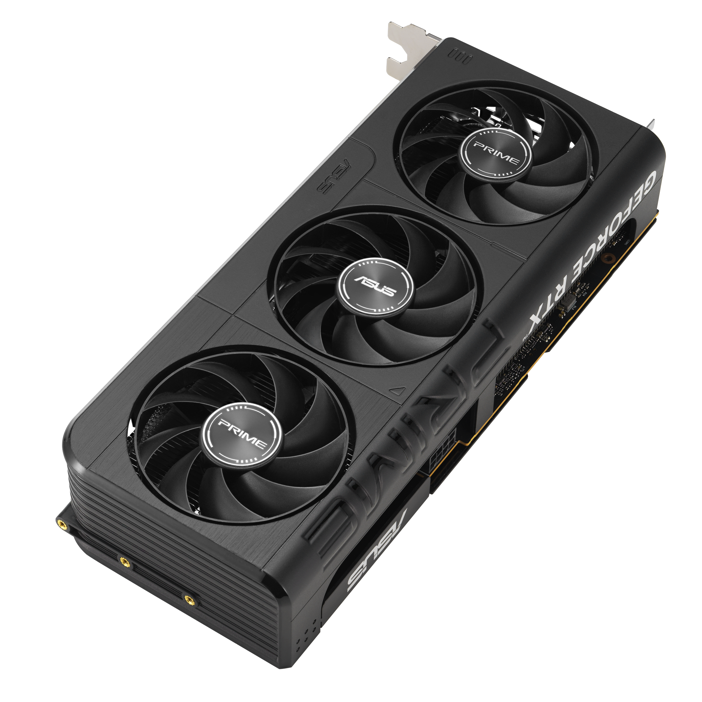 Schwarze ASUS-Grafikkarte. Drei Lüfter sind sichtbar. Die Karte hat Aufschriften 'PRIME' und 'ASUS'.