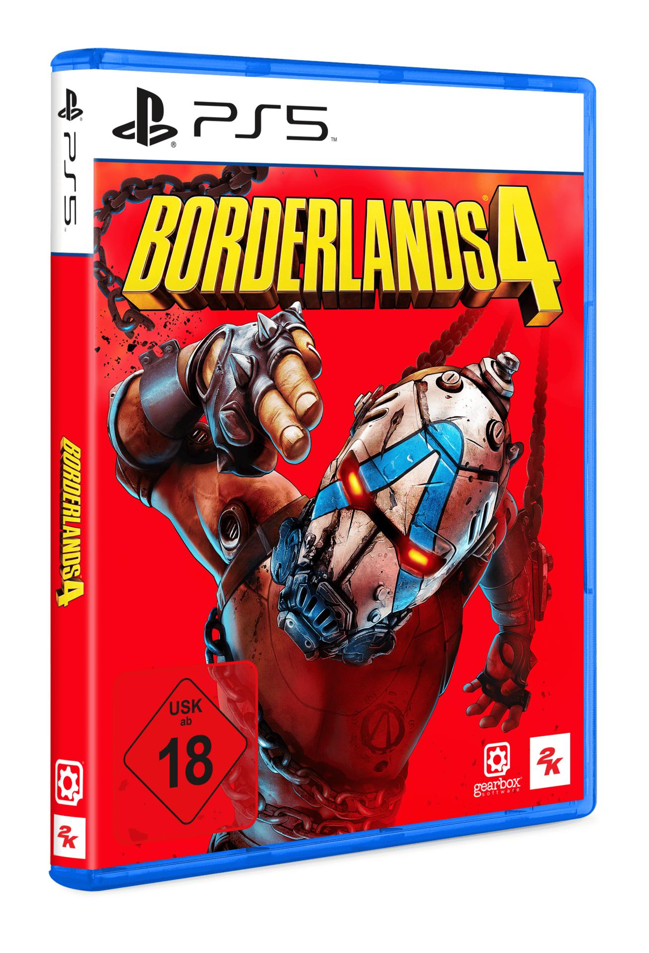 PS5 Borderlands 4 Spielhülle mit einem Charakter mit Helm und Ketten auf rotem Hintergrund.