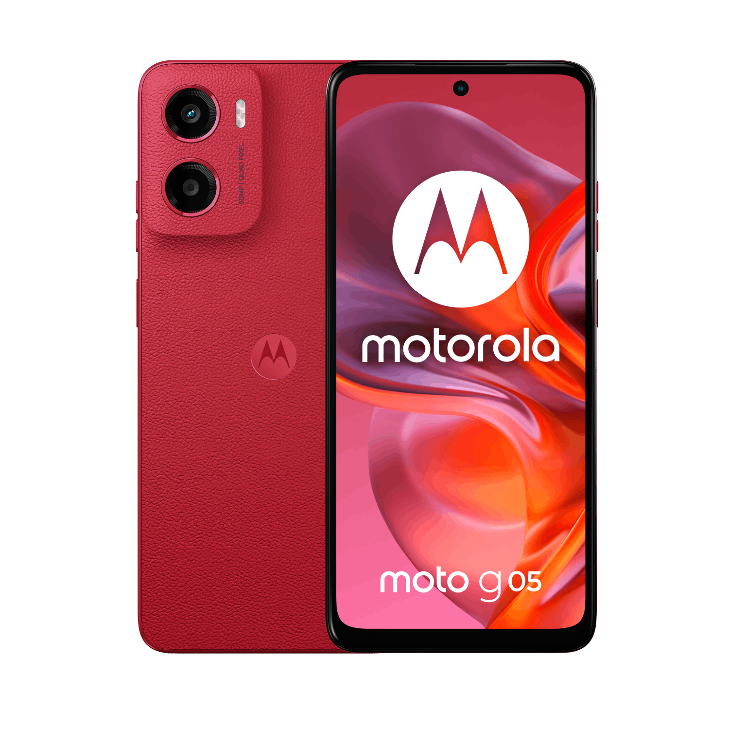 Teléfono inteligente Motorola Moto G05 rojo. Cuenta con dos cámaras y el logo de Motorola en la parte trasera y la pantalla.