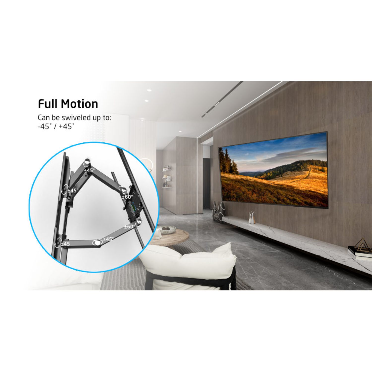 Een tv aan een muurbeugel, met draaihoekdetails. De kamer heeft een modern design met een bank, tafel en landschap op de tv.