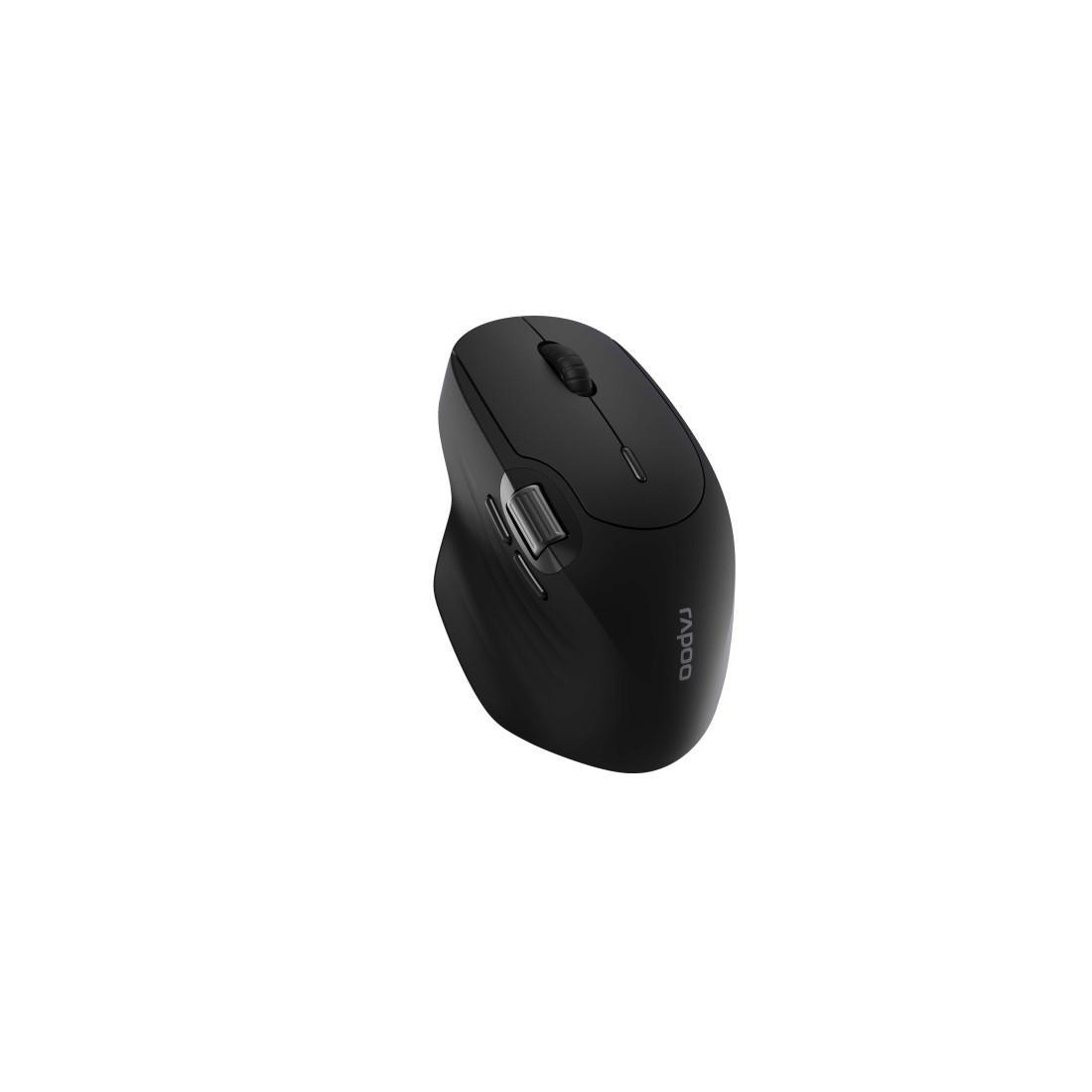 Eine schwarze kabellose Rapoo-Maus auf weißem Hintergrund. Sie hat ein Scrollrad, Tasten und ein ergonomisches Design.