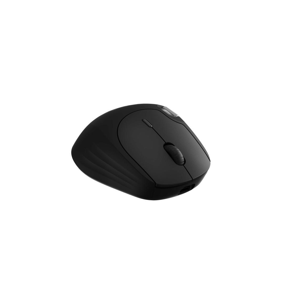 Eine schwarze drahtlose Computermaus auf weißem Hintergrund. Sie hat ein Scrollrad und zwei Tasten.