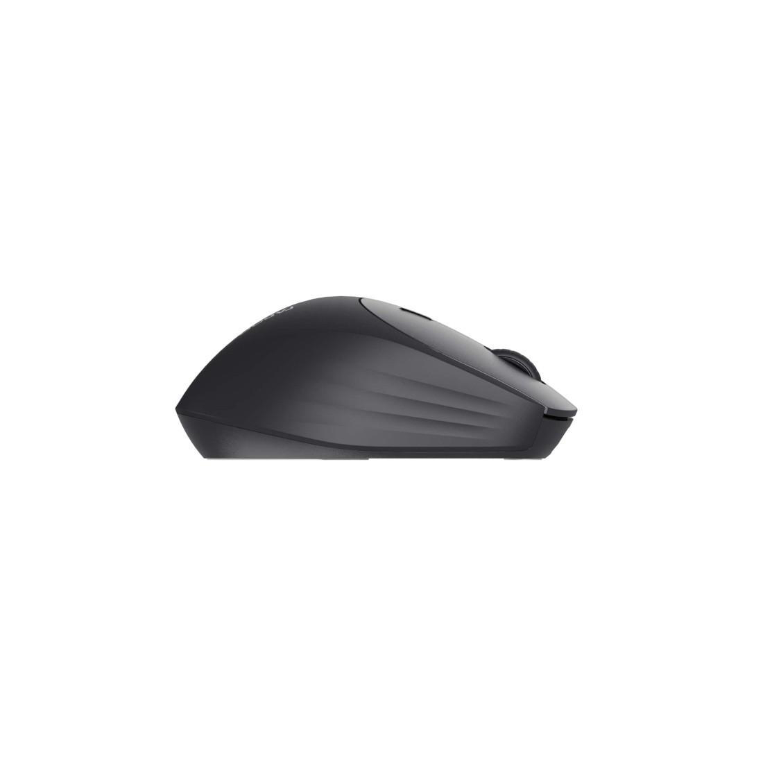 Eine schwarze Computermaus vor weißem Hintergrund. Die Maus ist von der Seite zu sehen, wobei ihre Form und ihr Design erkennbar sind.